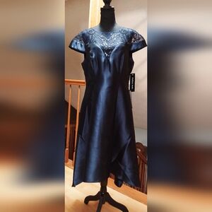 Midnight Blue High-Low Cocktail Dress with Lace-Shimmery Detail
